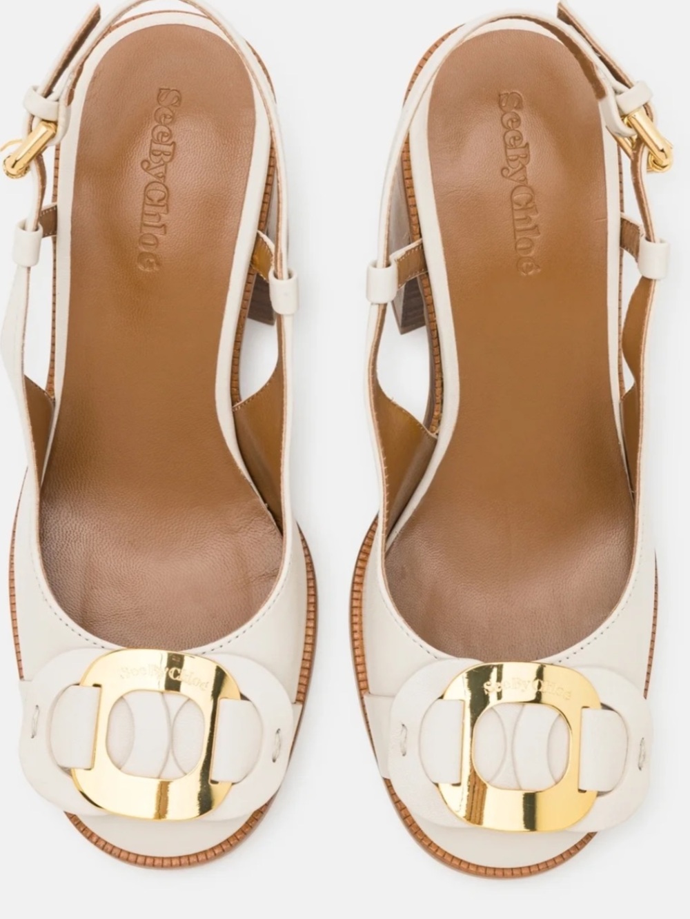 See By Chloe White Leather Slingback Sandals with Gold Hardware